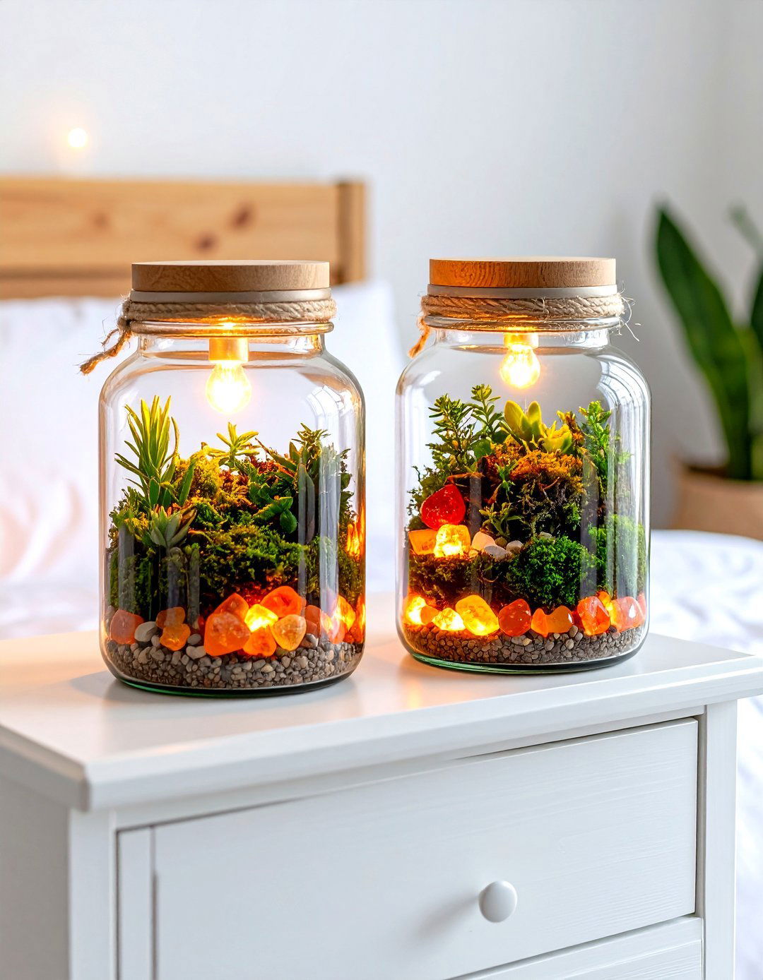 Terrarium Night Light Jars on the Nightstand - 25 fairy-themed bedroom ideas
