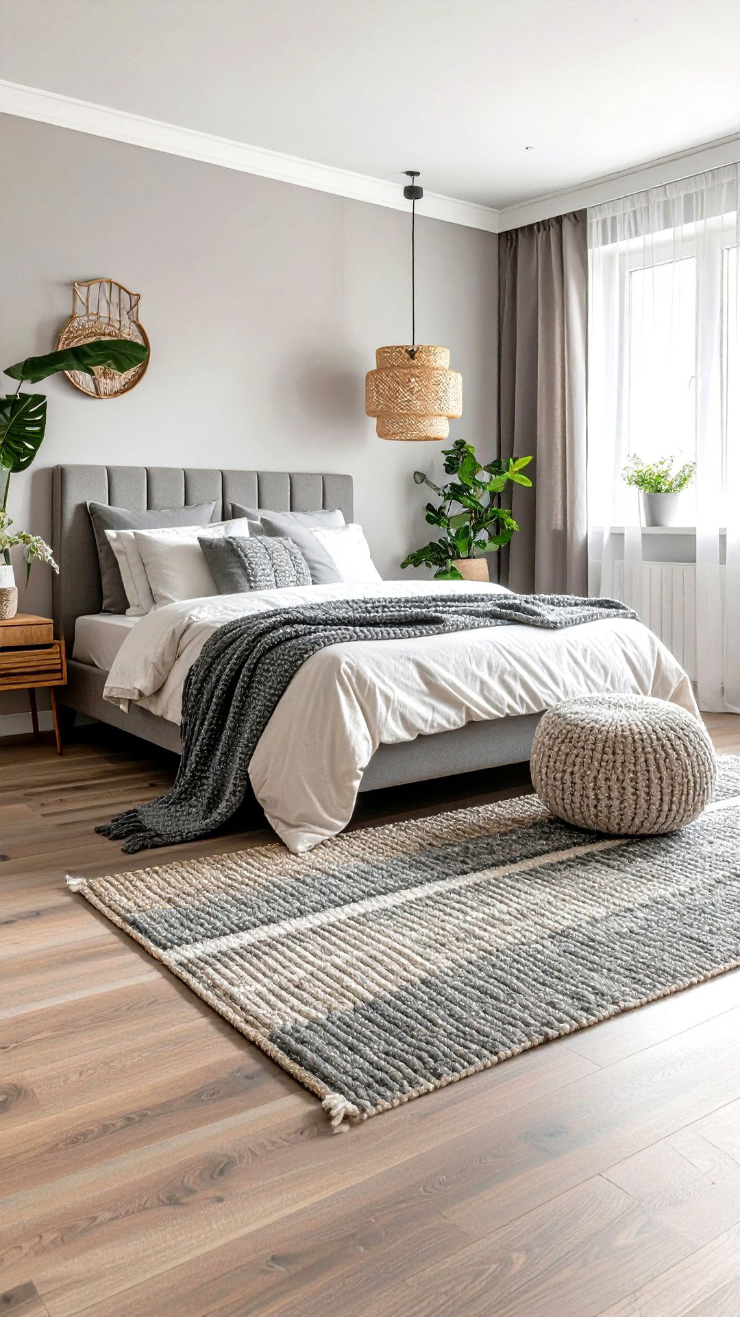 Textured Area Rugs Anchor a Grey and White Bedroom - 25 grey and white bedroom ideas