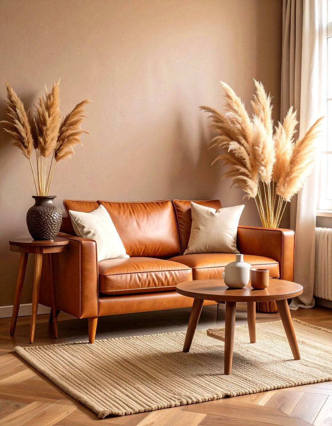 Textured Brown Tone Vignette with Pampas Grass and Leather - 25 pampas grass decor ideas