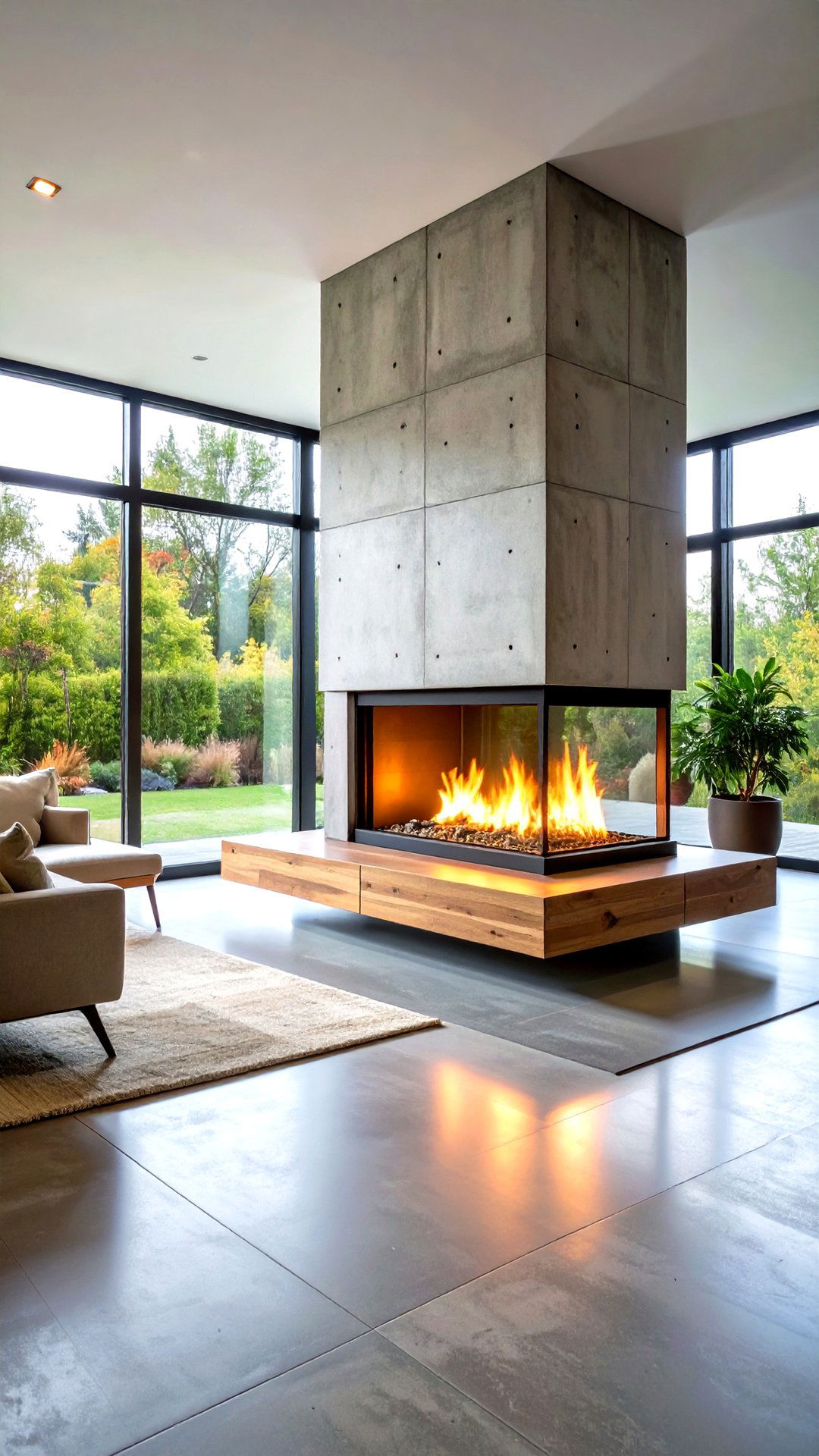 Textured Concrete Sided Fireplace with Seating - 25 3 sided fireplace ideas