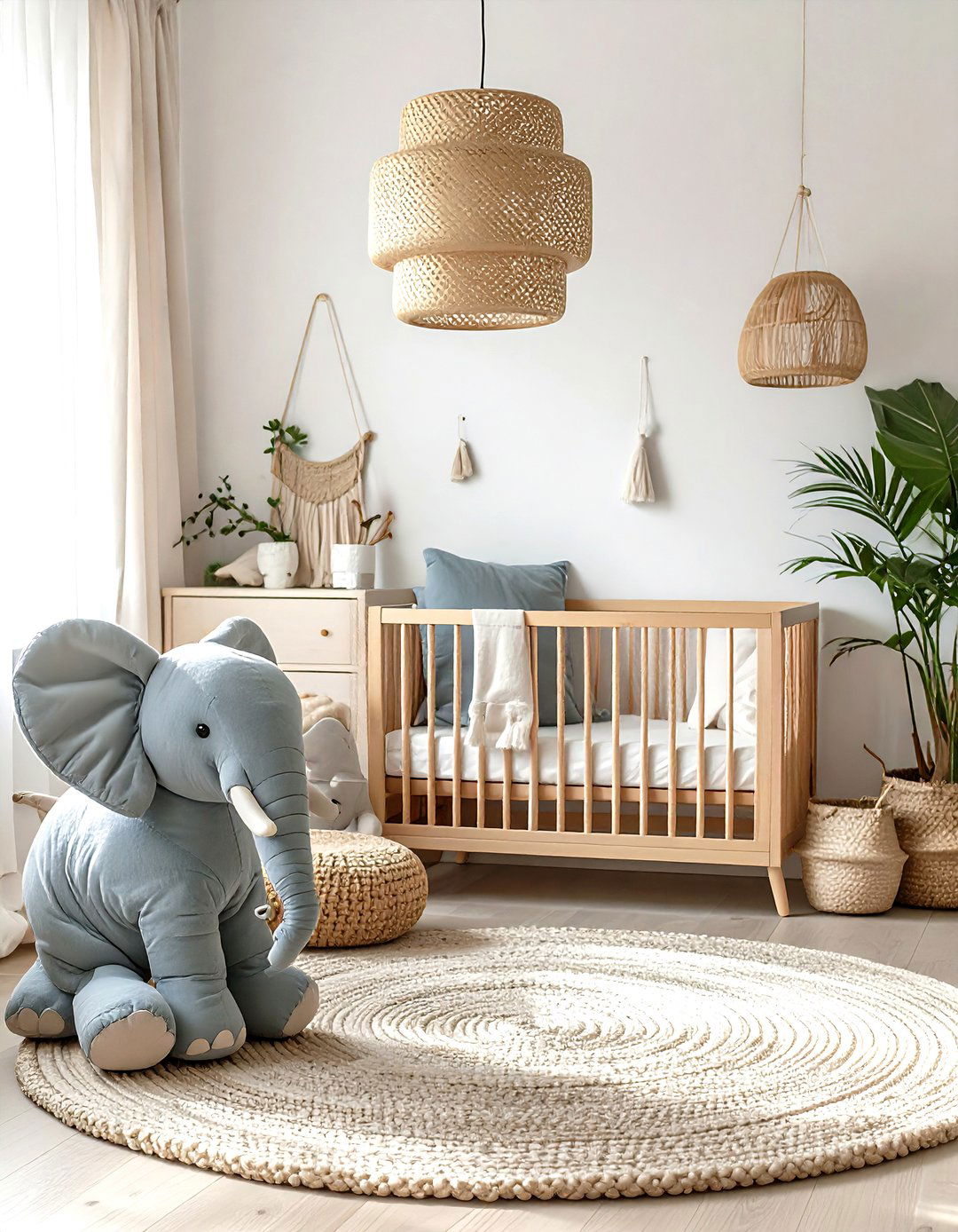 Textured Elephant Nursery with Rattan Accents - 25 elephant nursery ideas