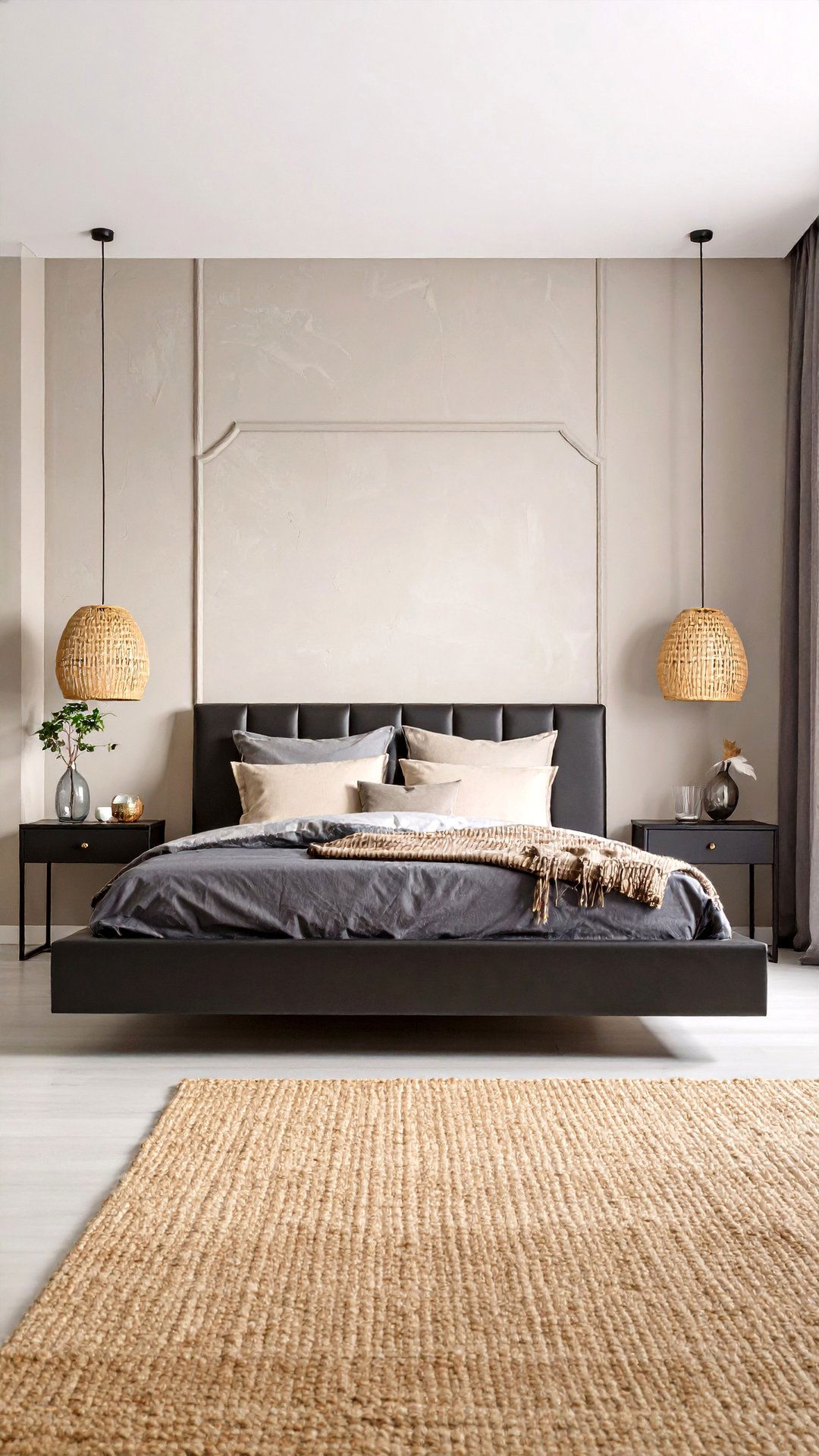 Textured Plaster Feature Wall Elevates the Black and Beige Bedroom - 25 black and beige bedroom design ideas