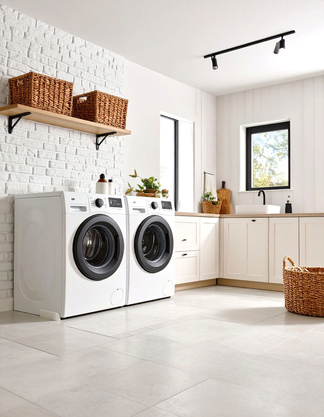 Textured White Walls Plus Black Accents Add Depth to the Laundry Room - 25 black and white laundry room ideas