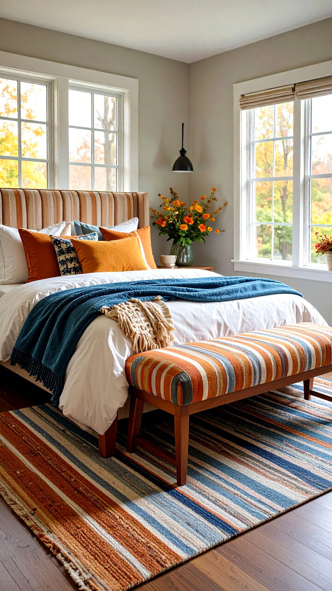 Ticking Stripe Upholstered Bench at the Foot of the Bed - 25 grandmillennial style bedroom ideas
