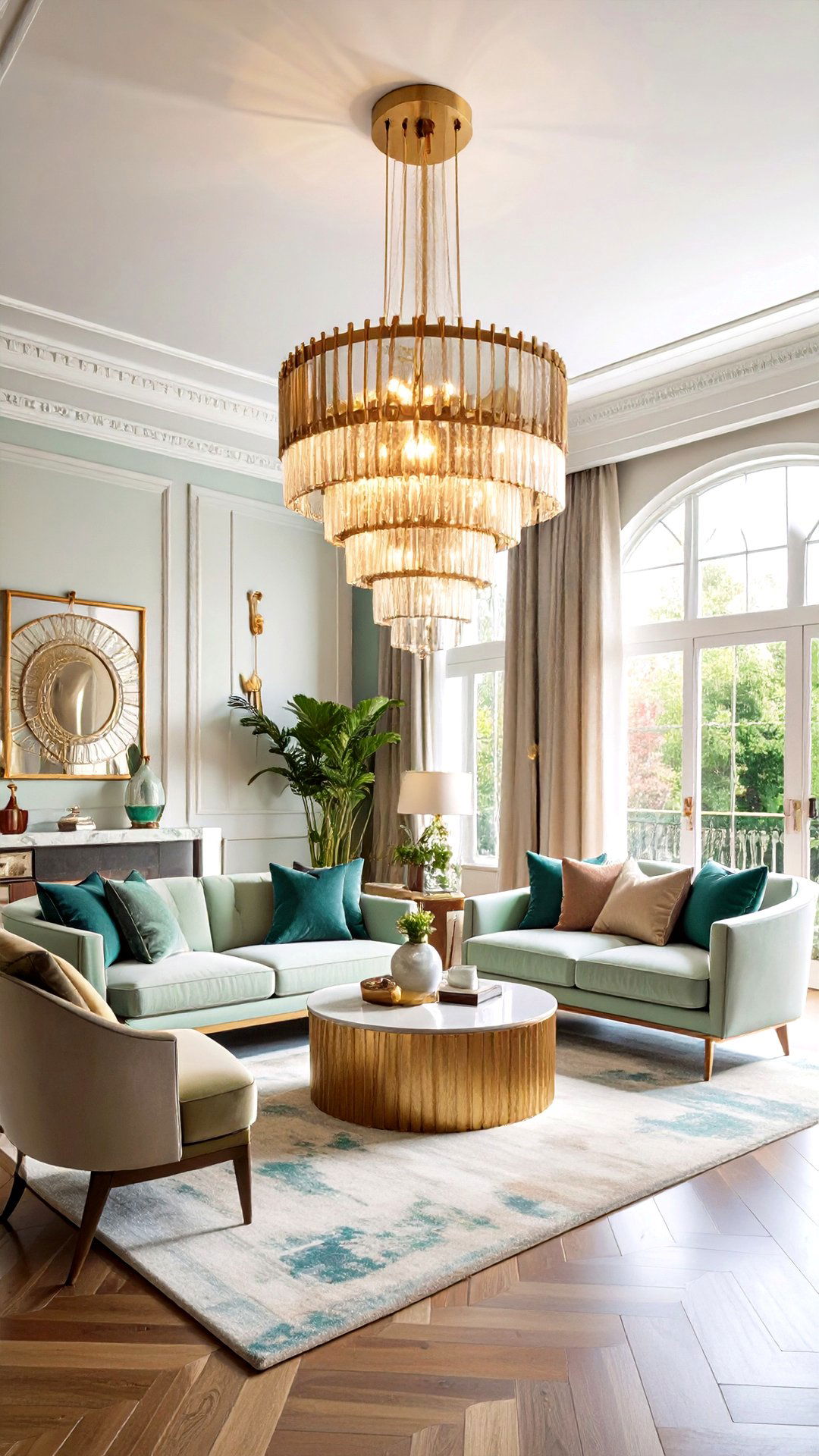 Tiered Brass and Glass Lighting Defines Art Deco Living Room Mood - 25 art deco living room ideas
