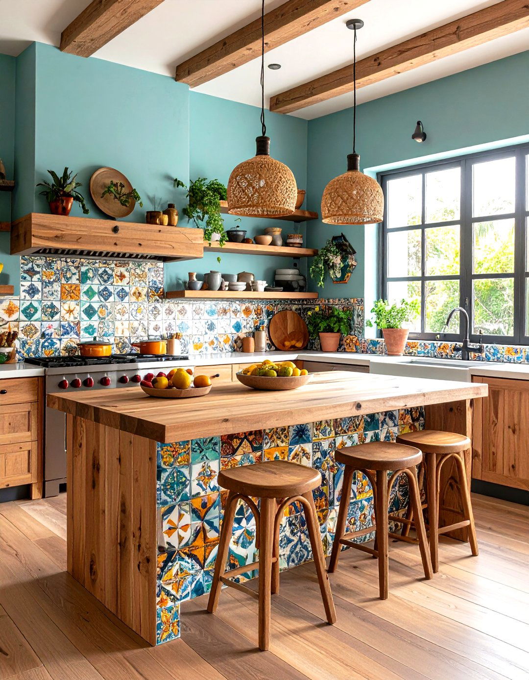Tiled Feature Island Anchors the Boho Kitchen - 25 boho kitchen ideas