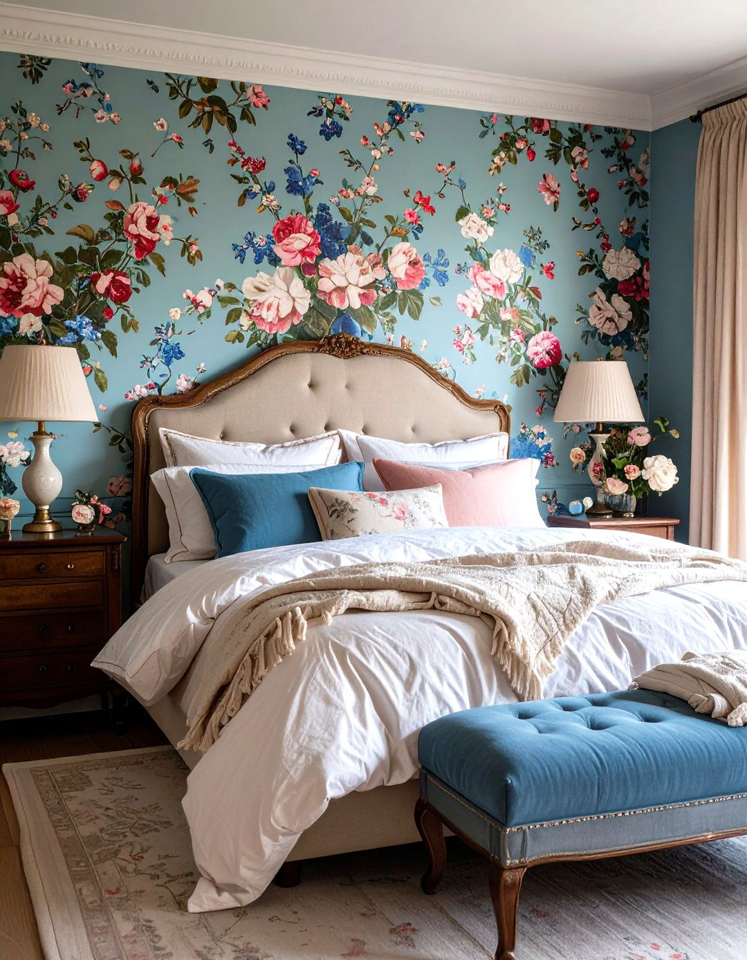 Toile or Floral Wallpaper Accent - 25 parisian themed bedroom ideas