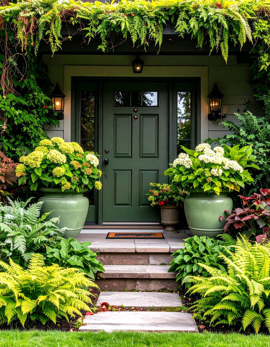 Tonal Planter Layering Around an Olive Green Front Door - 25 olive green front door ideas