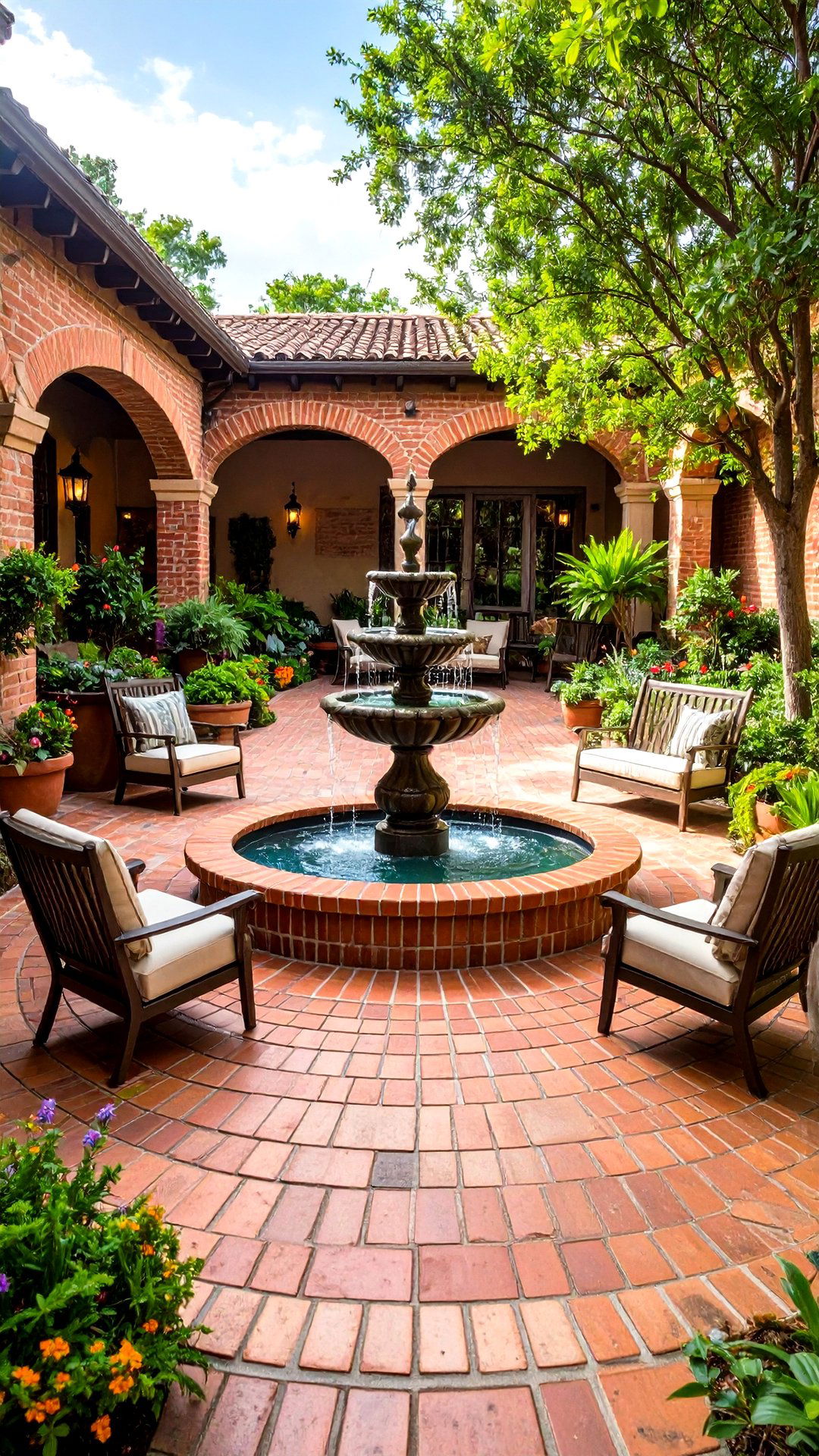 Tranquil Fountain Focused Brick Patio - 25 brick patio ideas