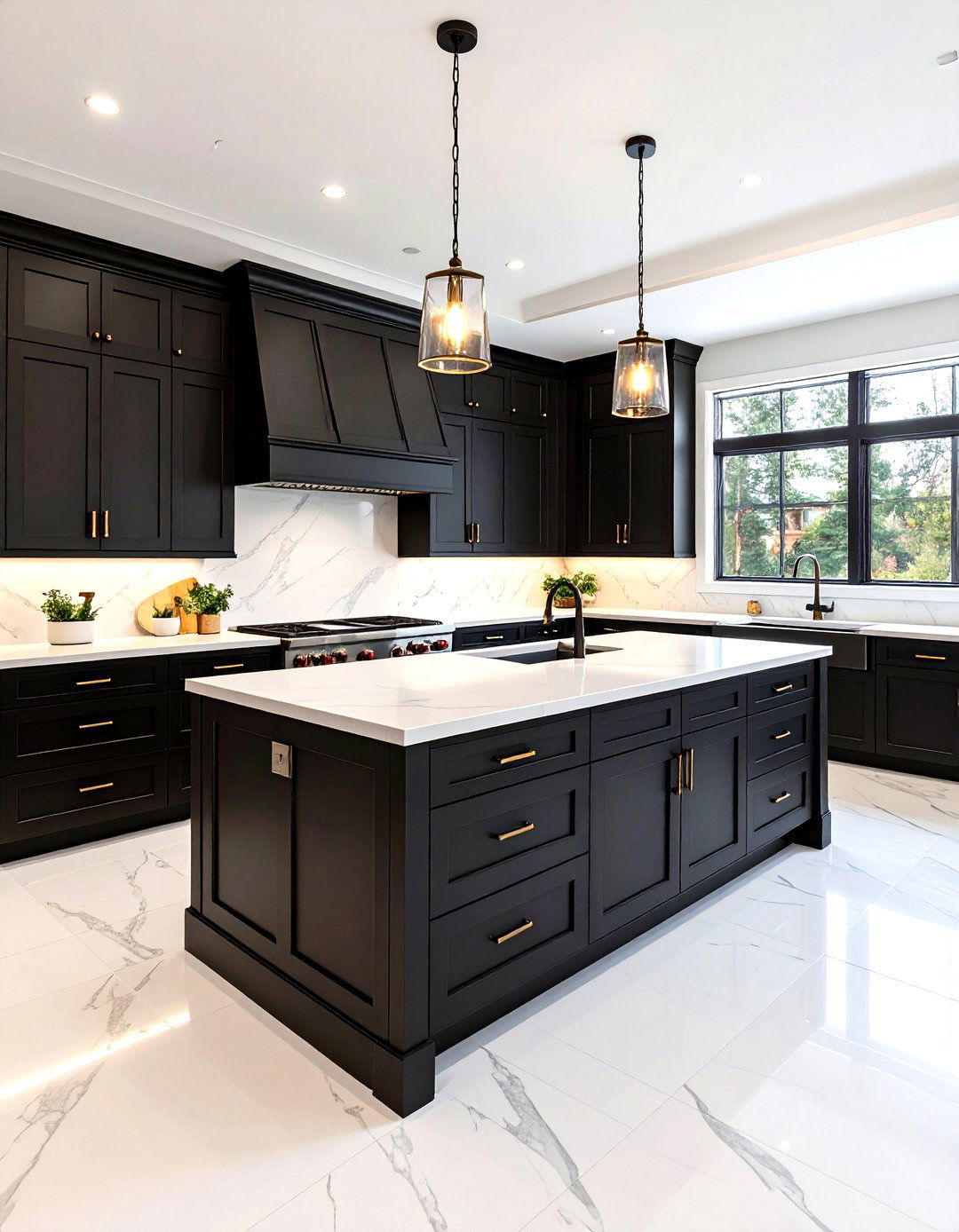 Transitional Black Cabinets with White Counters and Crown Molding - 25 black kitchen cabinets with white countertops