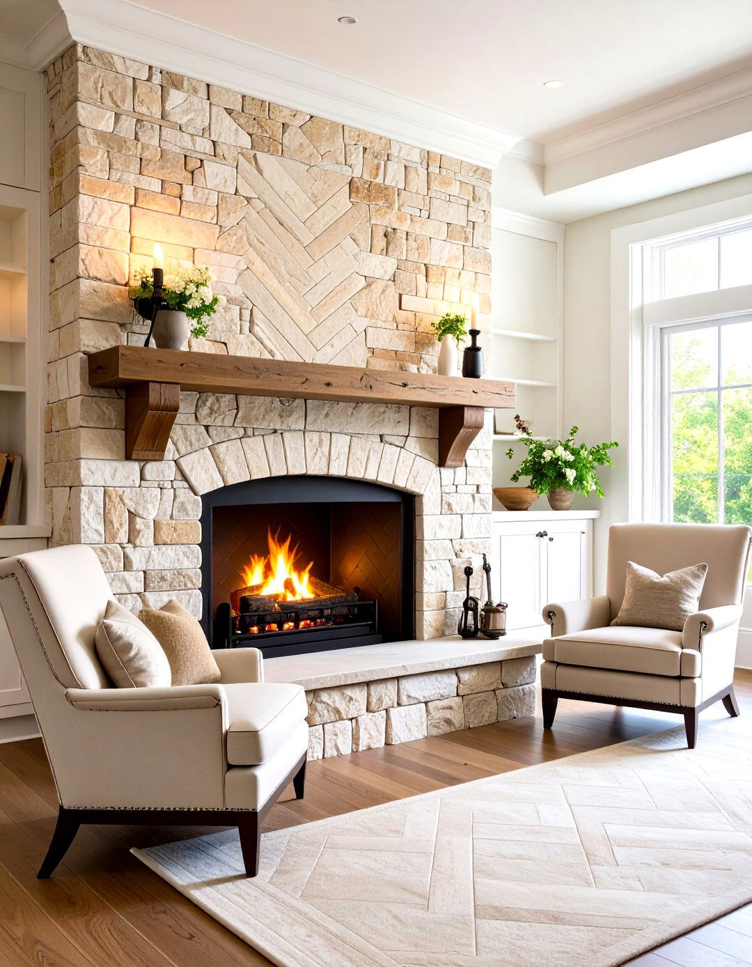 Travertine Herringbone Fireplace Backsplash Adds Earthy Texture - 25 fireplace backsplash ideas