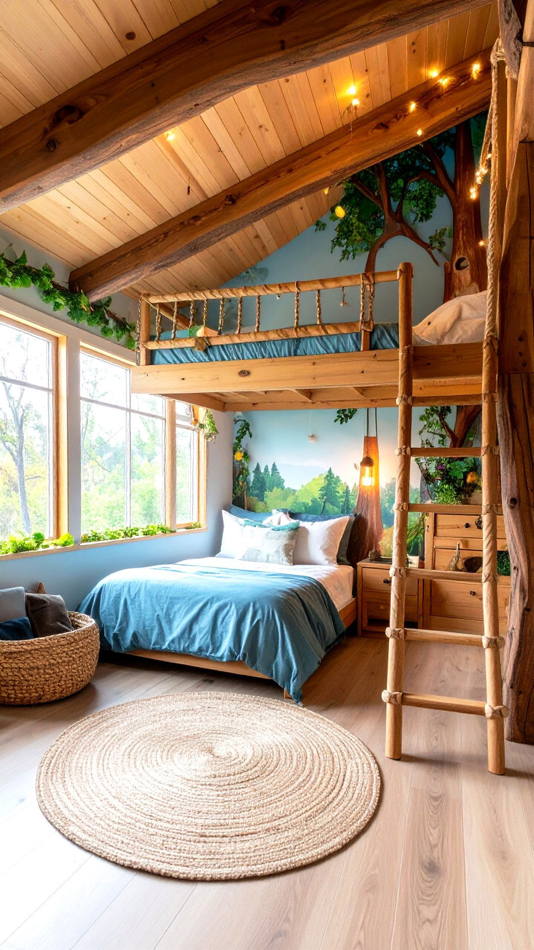Treehouse Theme Bunk Room with Whimsical Forest Mural - 25 bunk room ideas