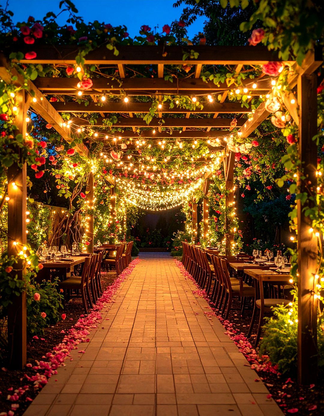 Trellis Framed Bloom Dining Alley - 25 outdoor dining area ideas