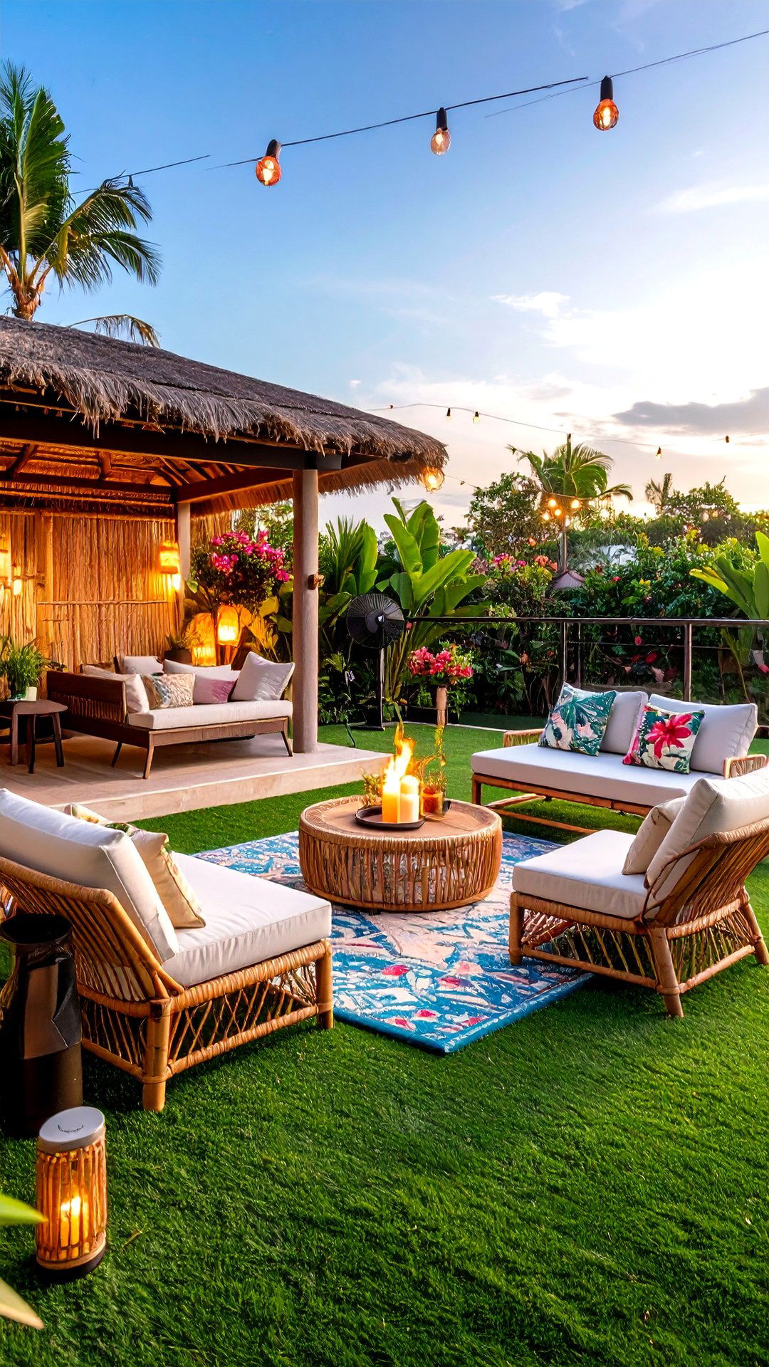 Tropical Chill Zone with Bamboo Screening - 25 artificial grass balcony design
