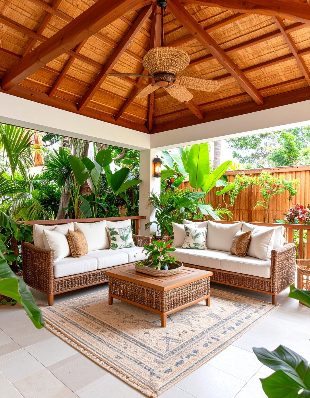 Tropical Covered Porch with Lush Planters - 25 covered porch ideas