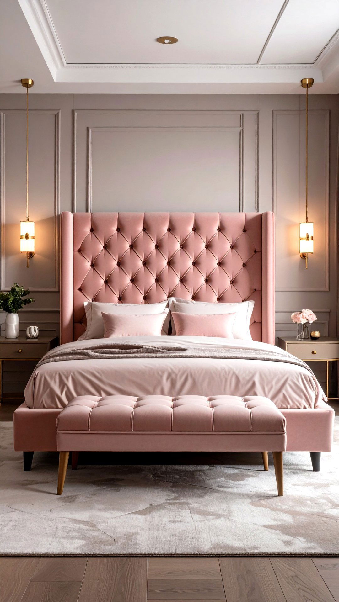 Tufted Blush Velvet Headboard - 25 blush pink bedroom ideas