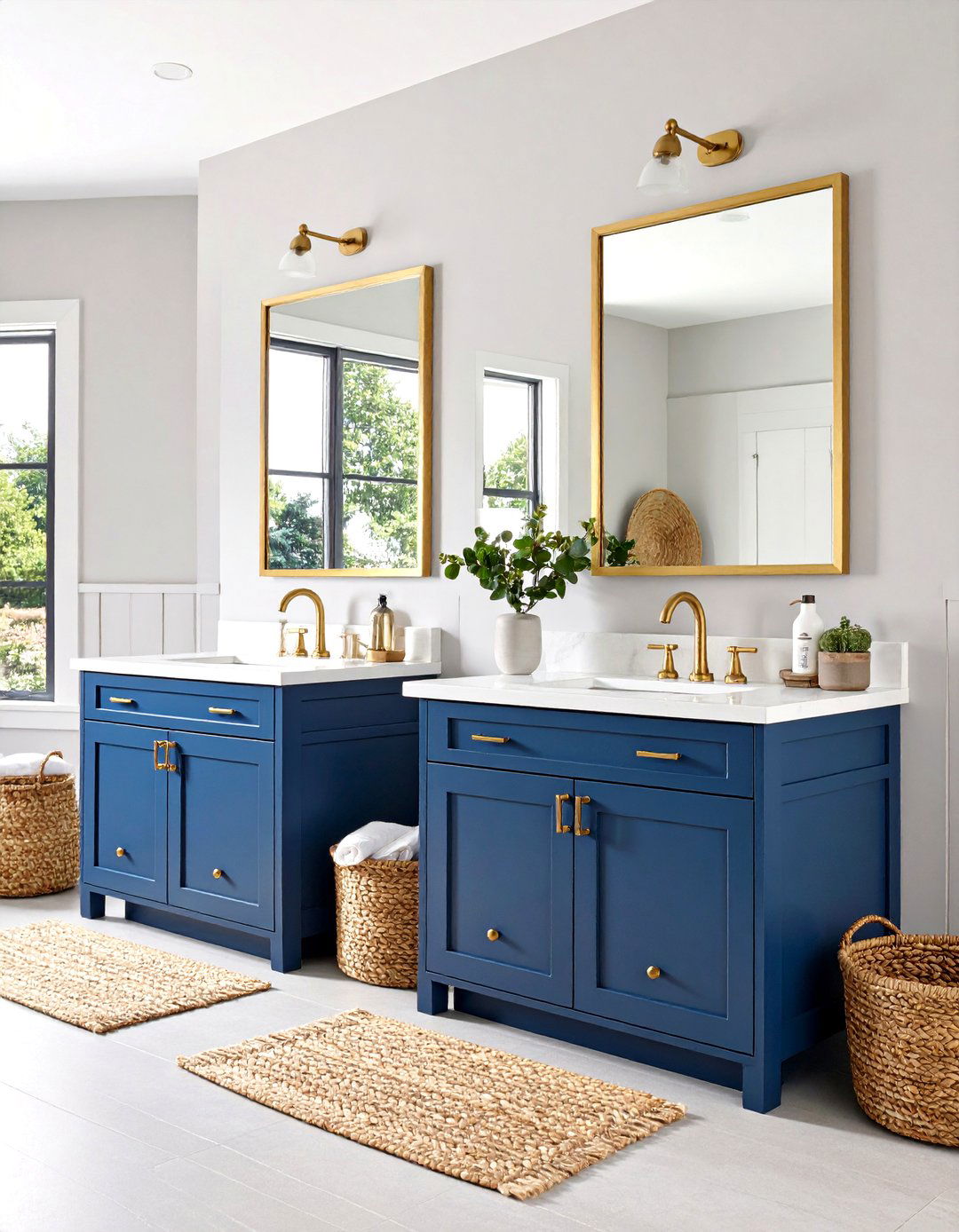Two Tone Blue Cabinet Bathroom with Gold Mirror Frames - 25 blue and gold bathroom ideas