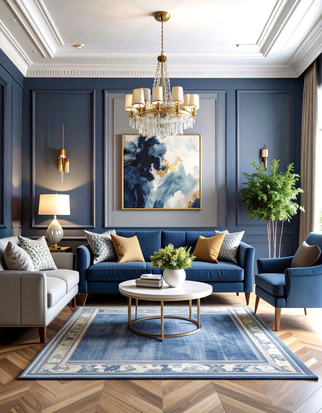 Two Tone Paneling Adds Architectural Interest - 25 navy blue and grey living room ideas