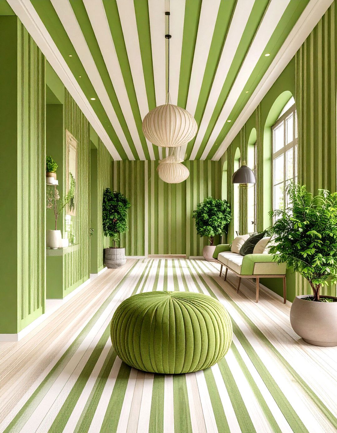 Two Tone Striped Green Hallway for Playful Depth - 25 green hallway ideas