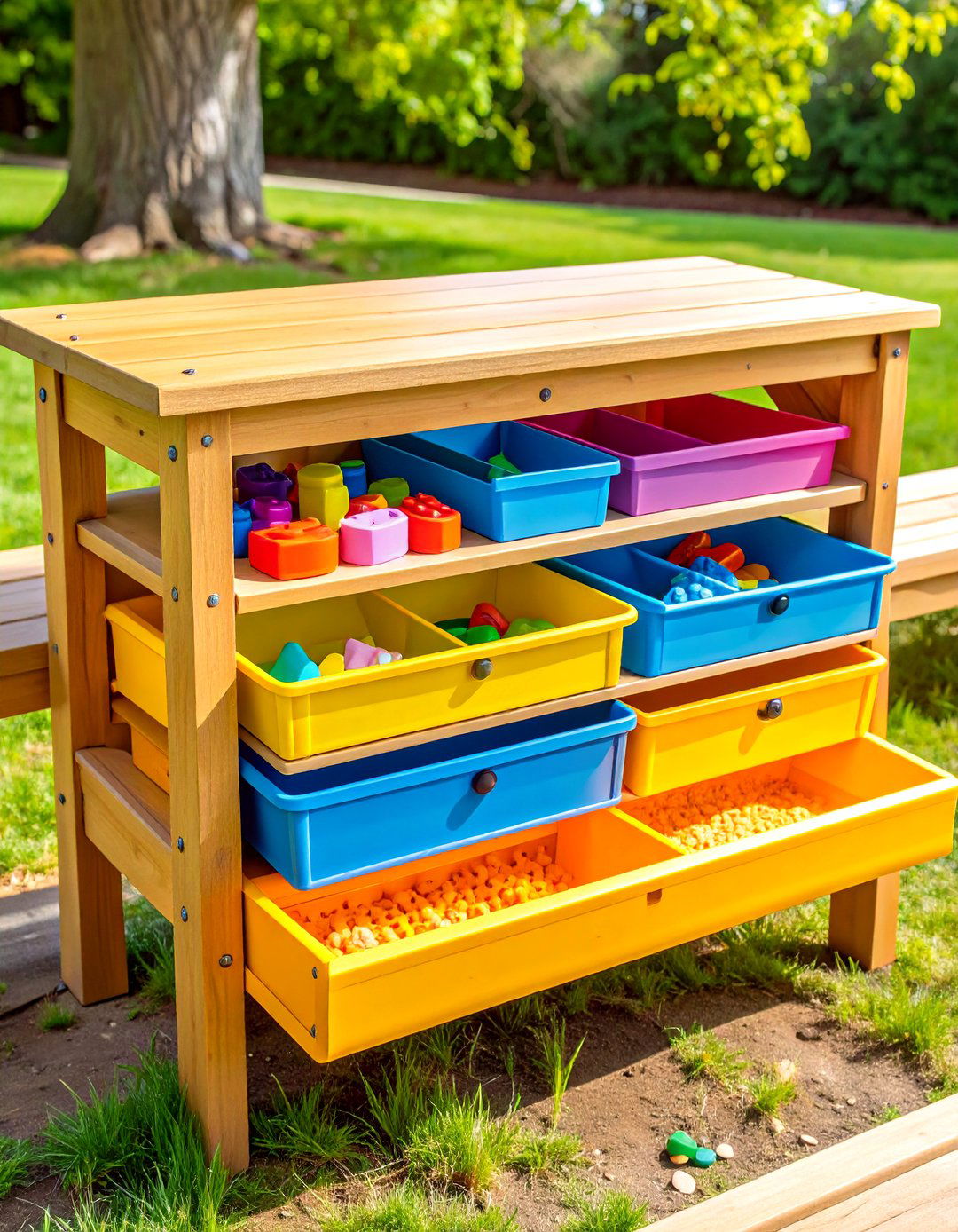 Under Bench Slide Out Bins Disappear When Not in Use - 25 outdoor toy storage ideas