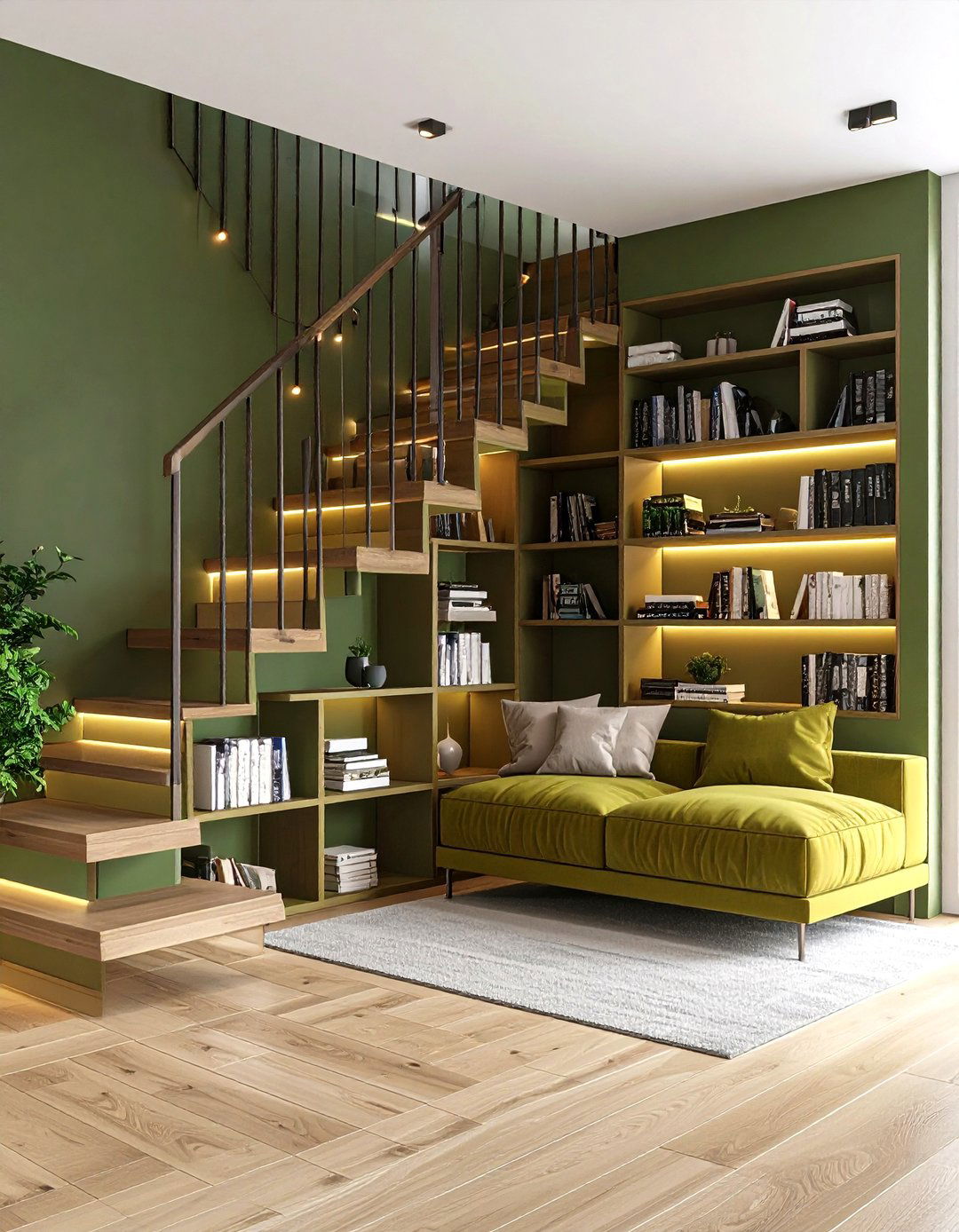 Under Stairs Olive Micro Library - 25 dark green home library ideas and inspiration