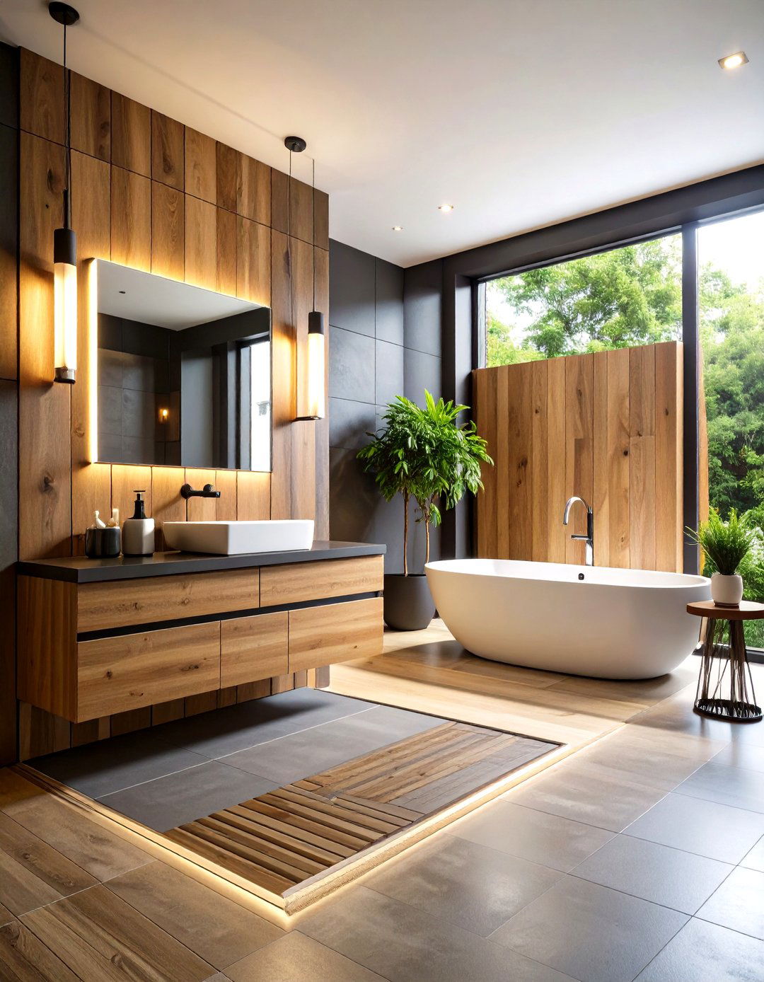Underfloor Heating Elevates Cozy Black and Wood Bathrooms - 25 black and wood bathroom ideas