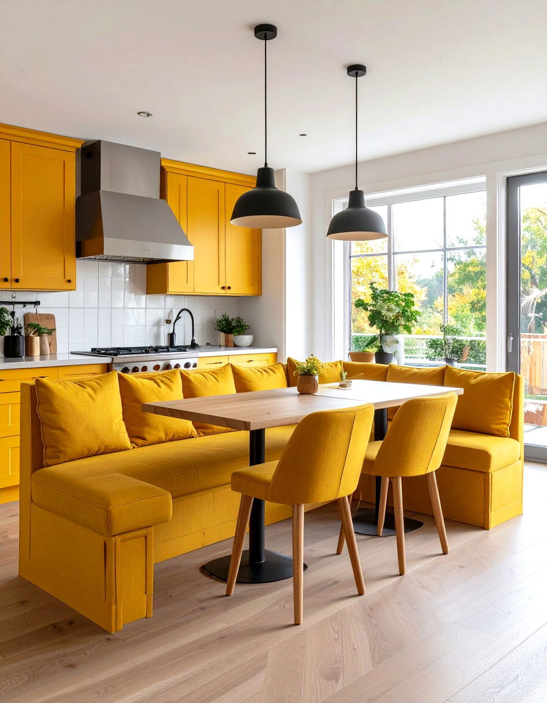 Upholster a Banquette in Durable Yellow Performance Fabric - 25 pale yellow kitchen ideas