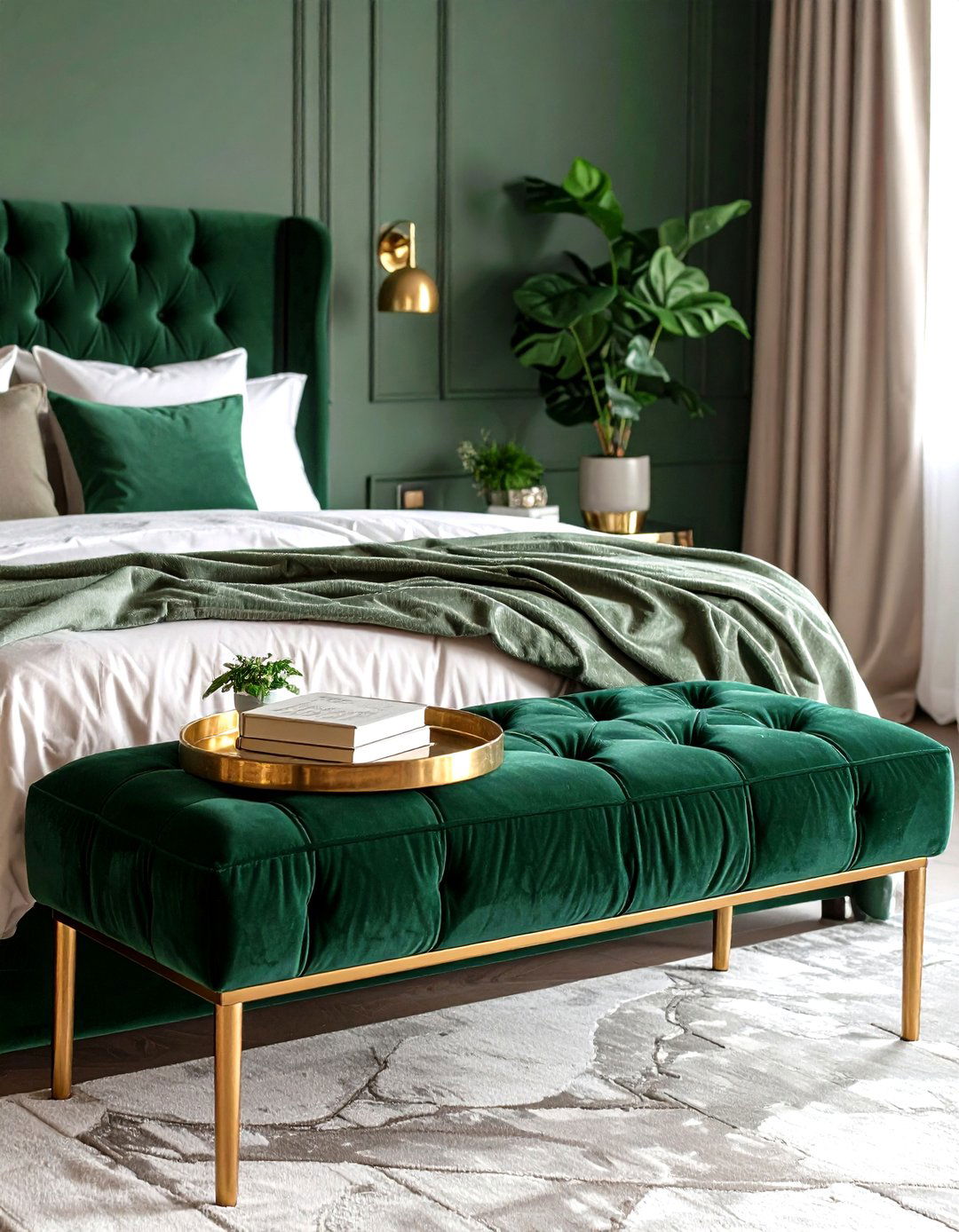 Upholstered Emerald Bench and Gold Tray at Beds End - 25 emerald green and gold bedroom ideas
