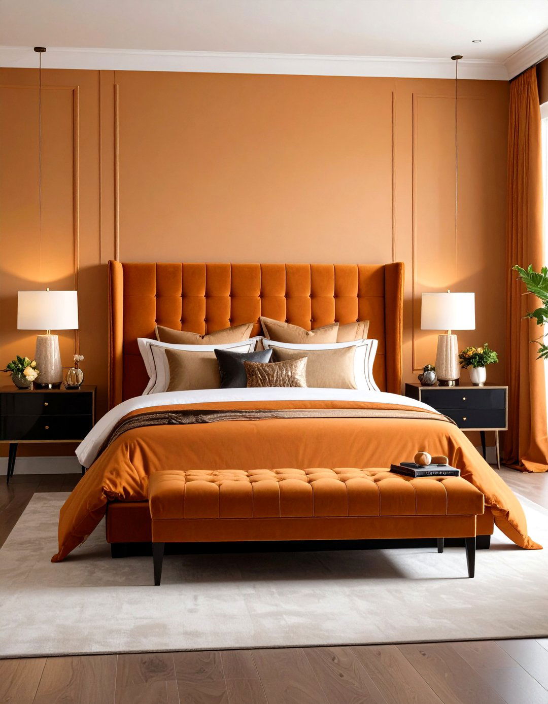 Upholstered Velvet Headboard Statement - 25 orange bedroom ideas