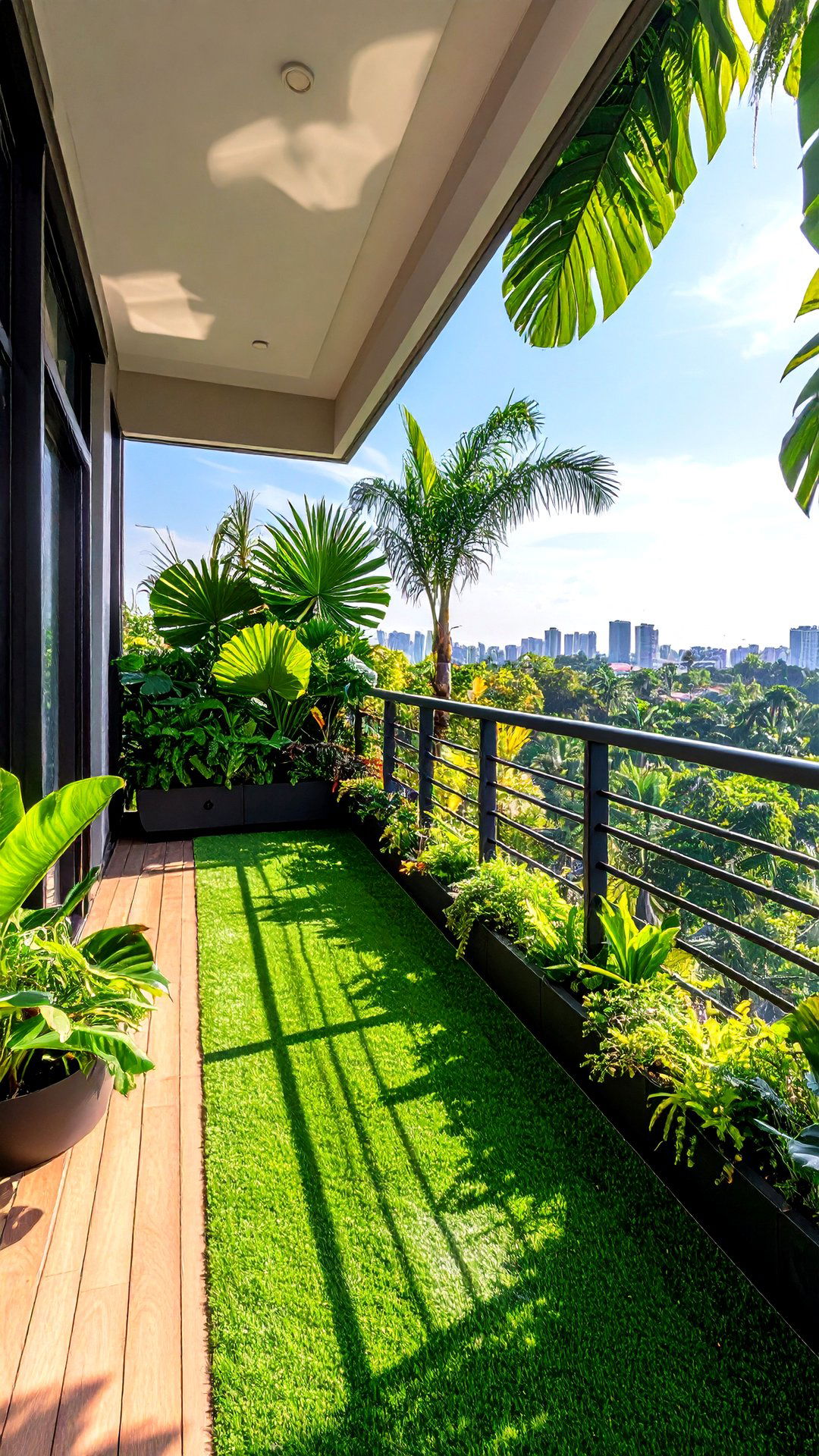 Urban Jungle with Potted Exotics and Artificial Lawn - 25 artificial grass balcony design