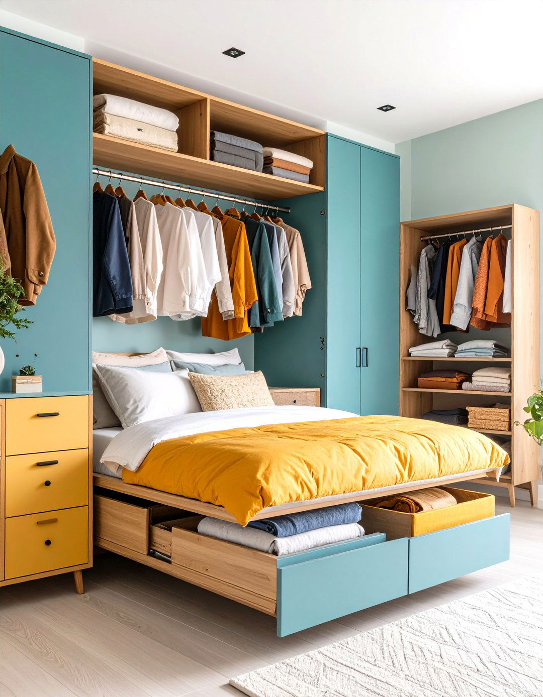 Use Under Bed Storage Like a Built In Closet - 25 minimalist apartment ideas