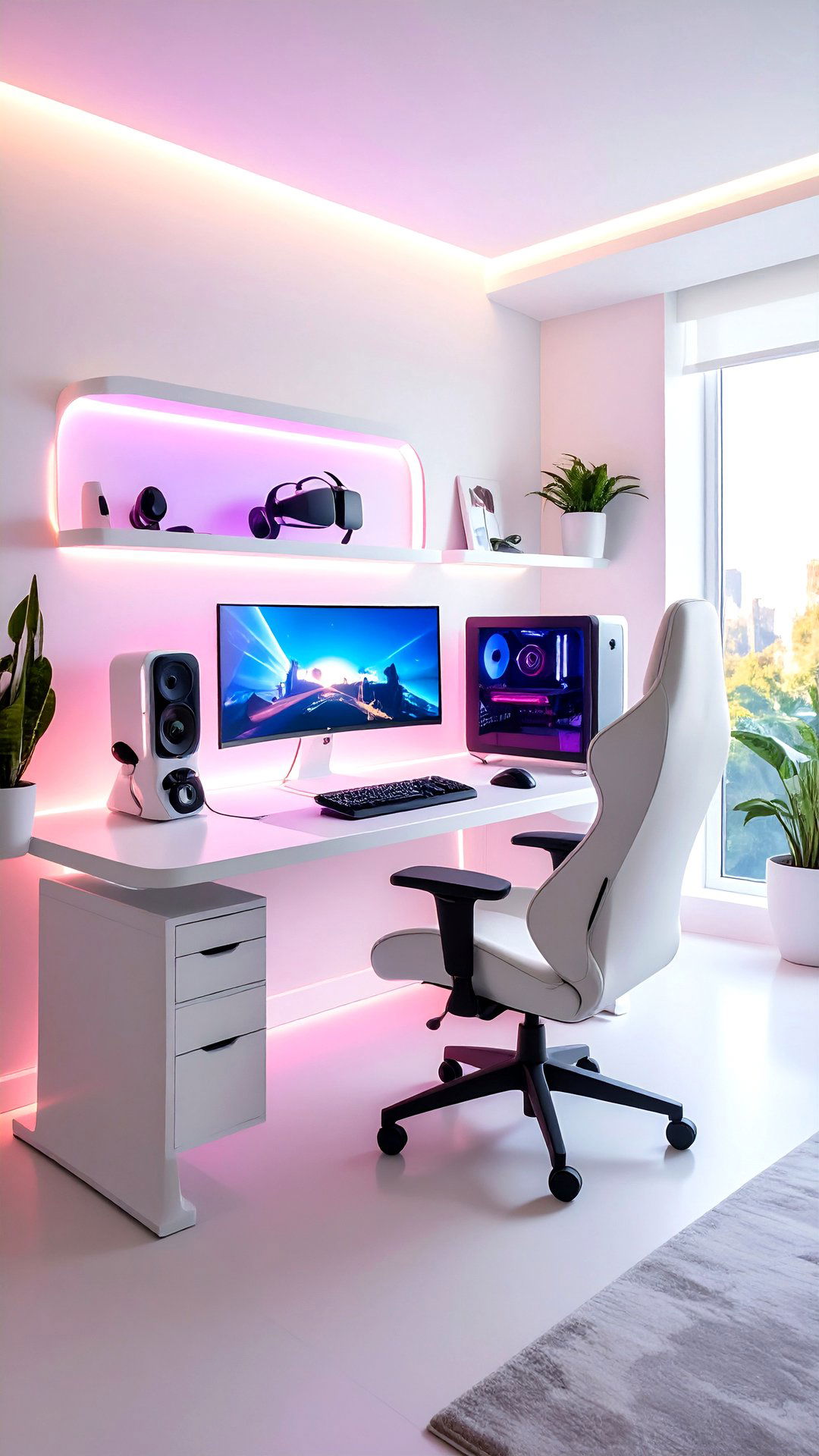 VR Docking Corner in a White Gaming Setup - 25 all white gaming setup ideas