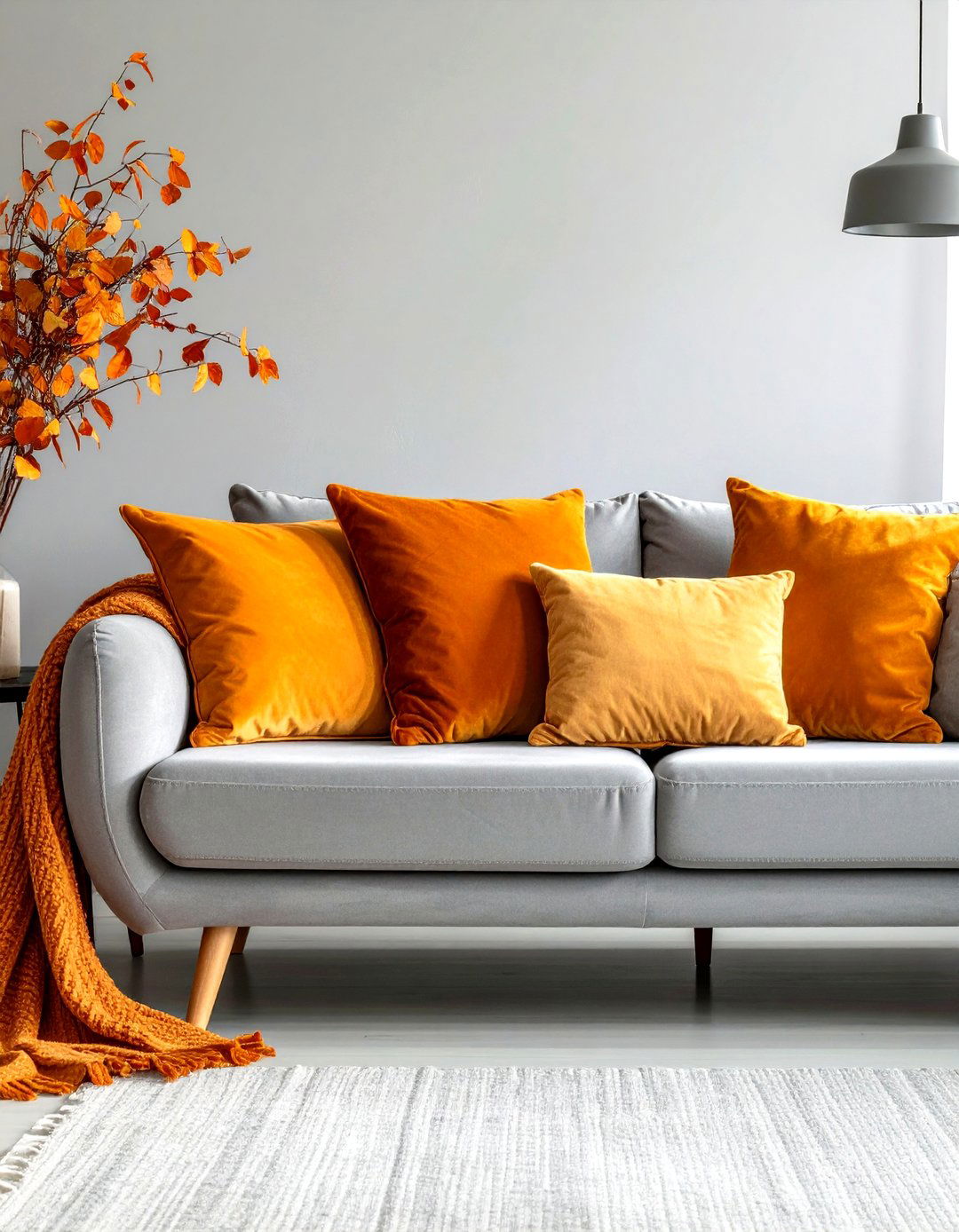 Velvet Tangerine Cushions on a Pale Grey Boucle Loveseat - 25 orange and grey living room ideas