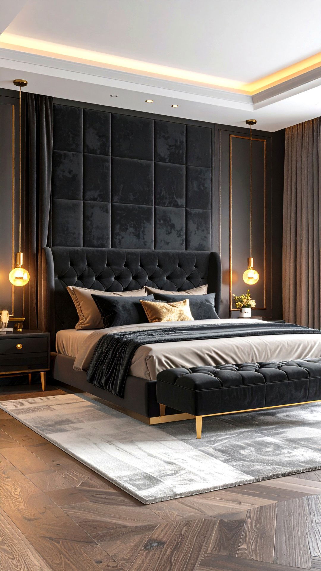 Velvet Upholstered Wall - 25 black accent wall bedroom ideas