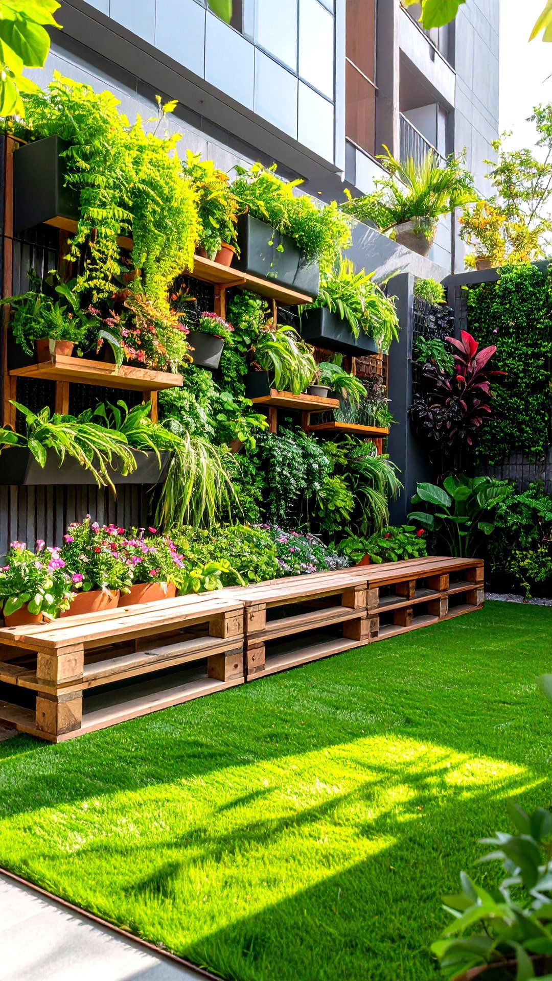 Vertical Garden Oasis with Faux Lawn Floor - 25 artificial grass balcony design