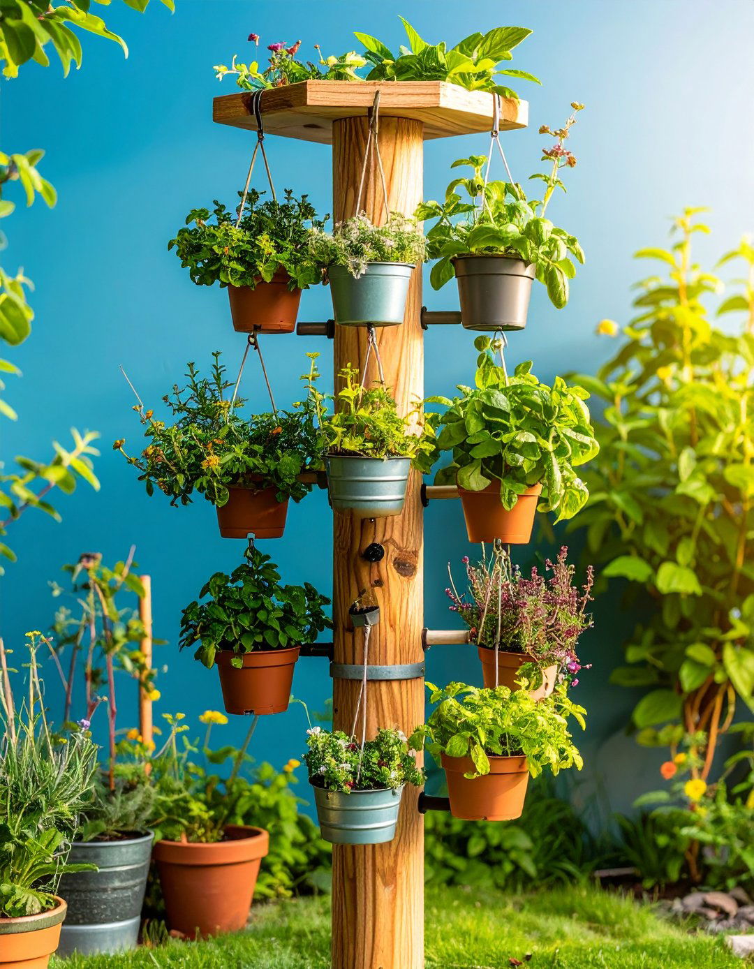 Vertical Herb Pole with Hanging Pots Tree - 25 outdoor cat tree ideas