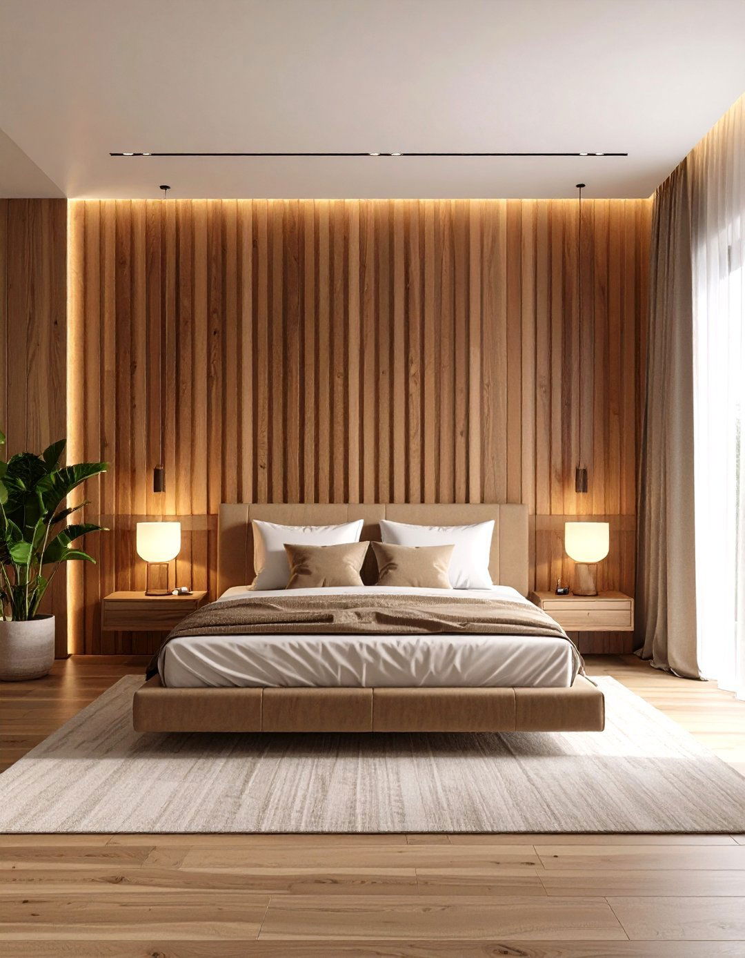 Vertical Wood Slat Wall for Spa Calm Warmth - 25 no headboard ideas