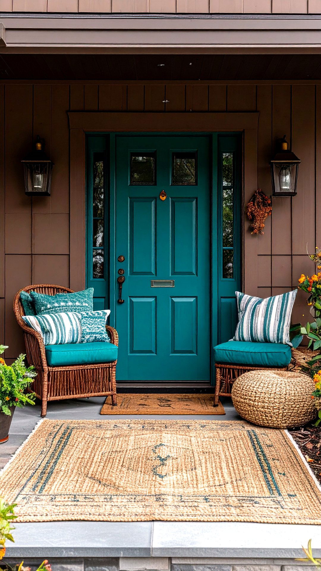 Vibrant Teal Front Door Energizes a Brown House - 25 brown house front door colors