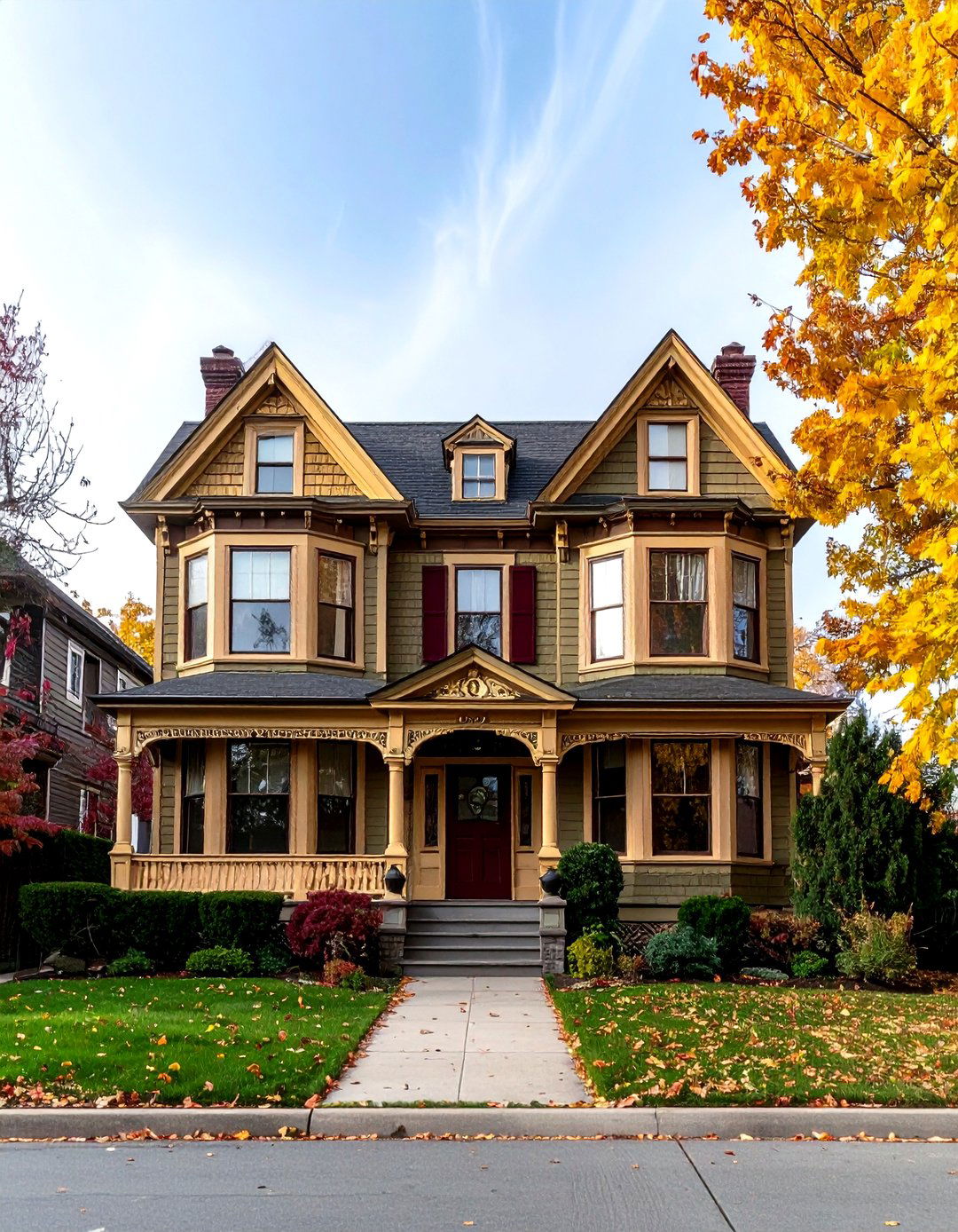 Victorian Flair Olive Gold and Deep Burgundy - 25 olive green house exterior ideas