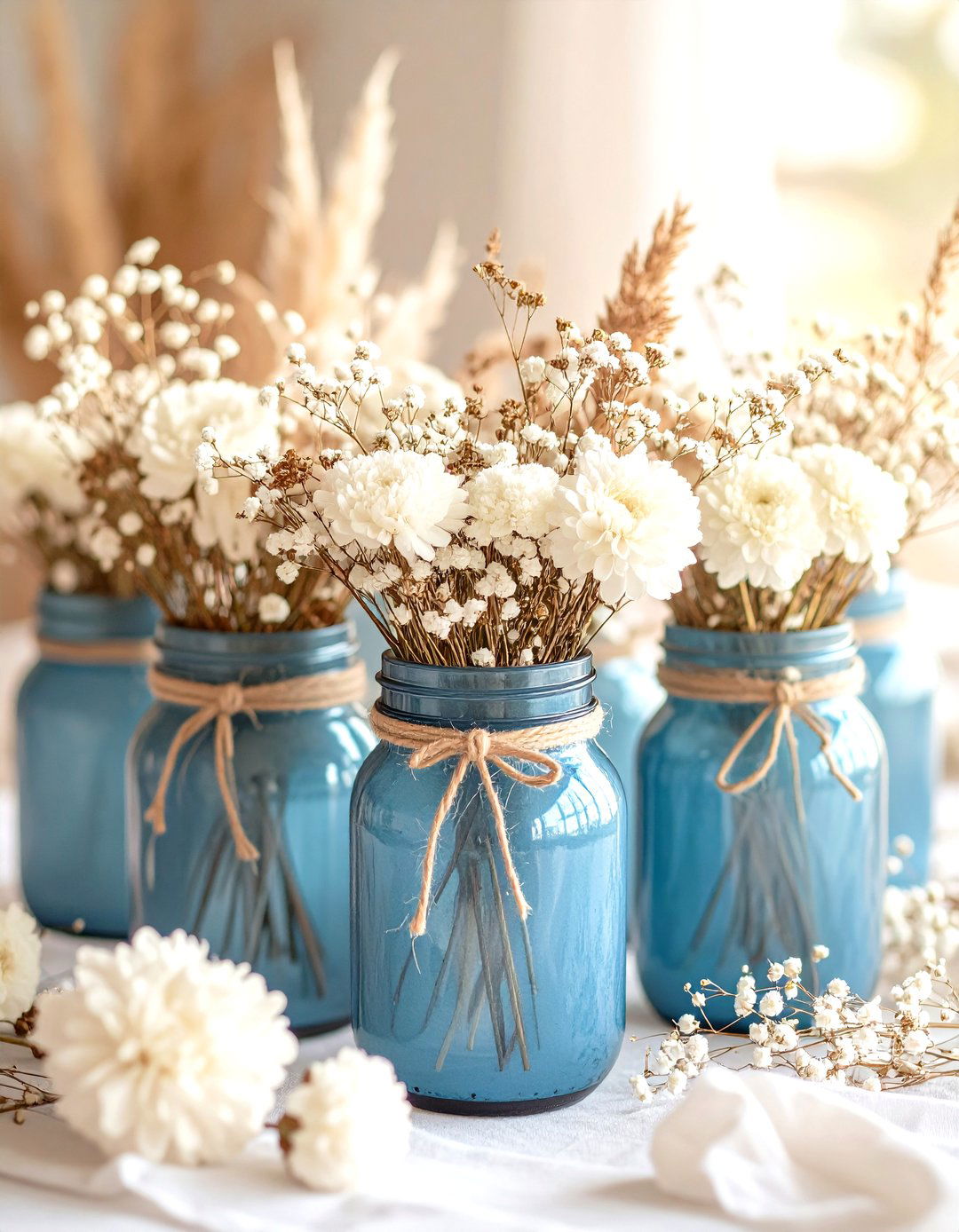Vintage Blue Jar with Dried Flowers - 25 mason jar wedding centerpieces