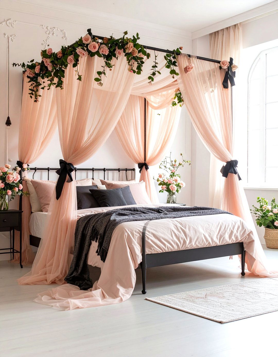 Vintage Canopy Draped in Sheer Rose Tulle - 25 pastel goth bedroom ideas