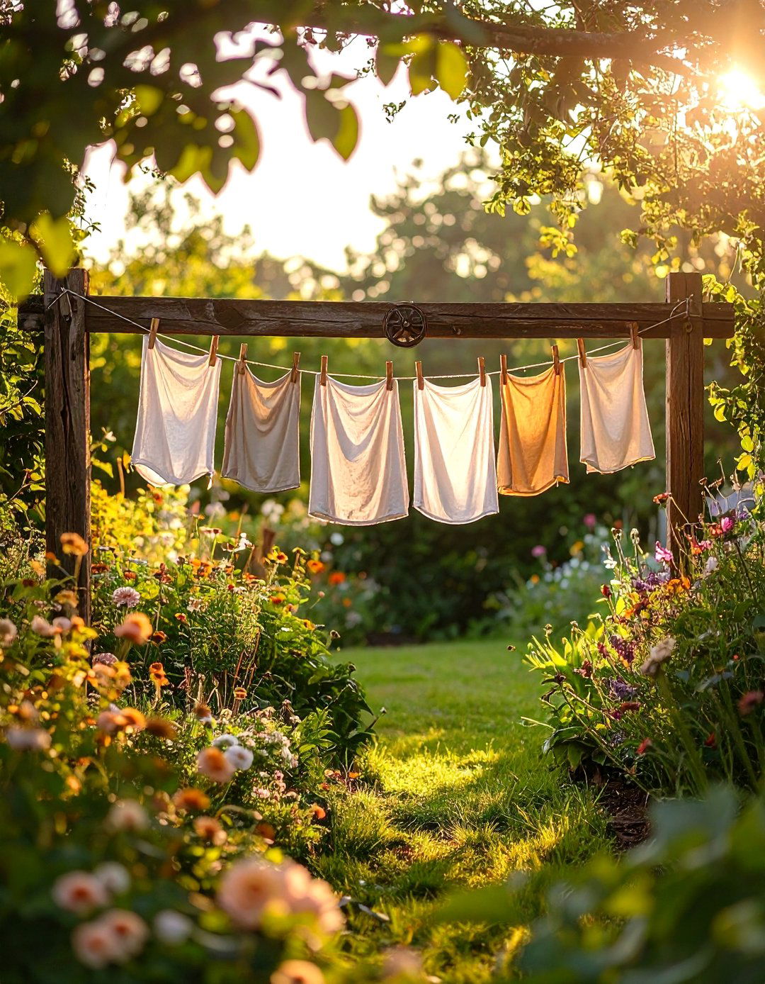 Vintage Pulley Clothesline as Garden Focal Point - 25 outdoor clothesline ideas