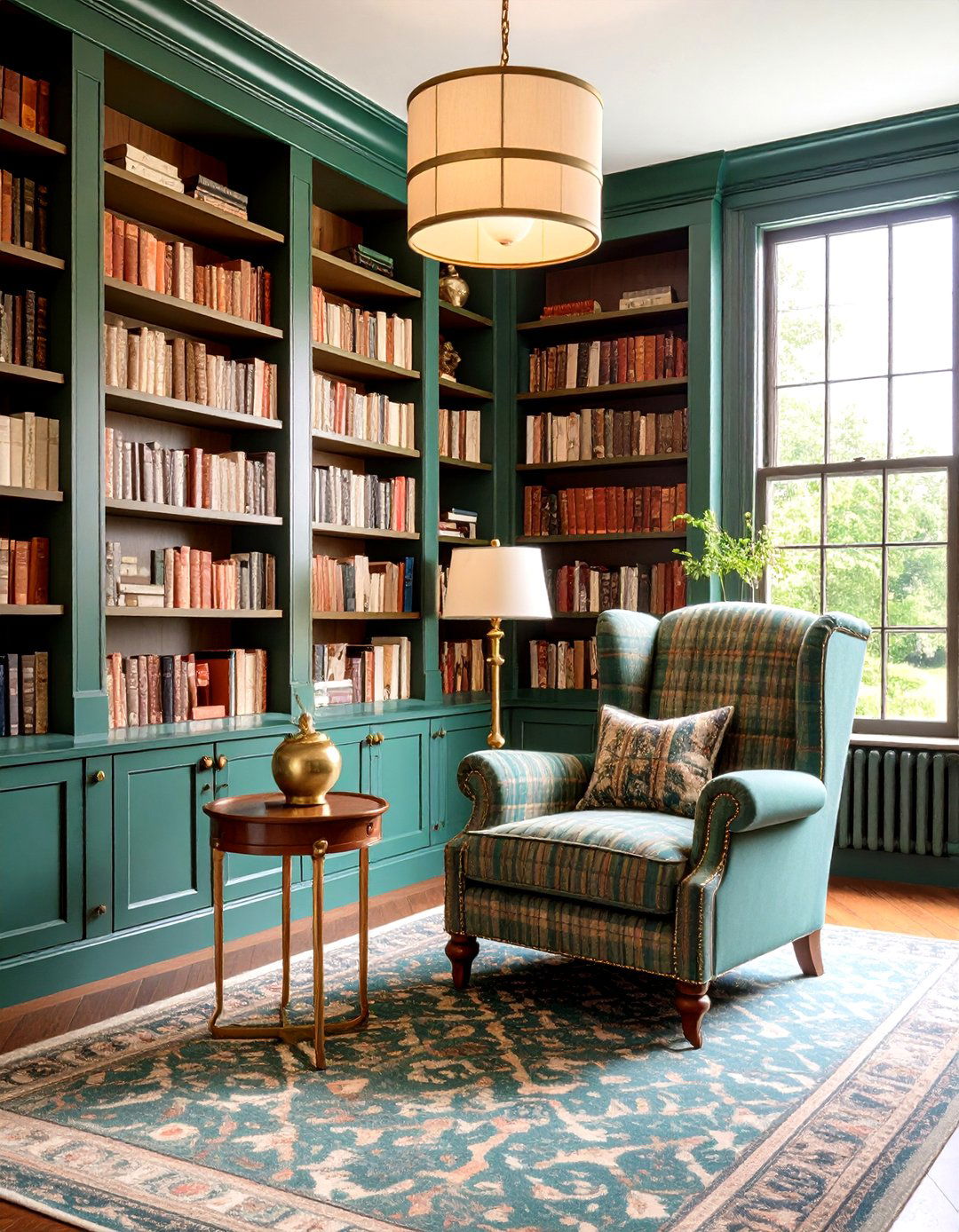 Vintage Vogue Library with Brass Accents - 25 dark green home library ideas and inspiration