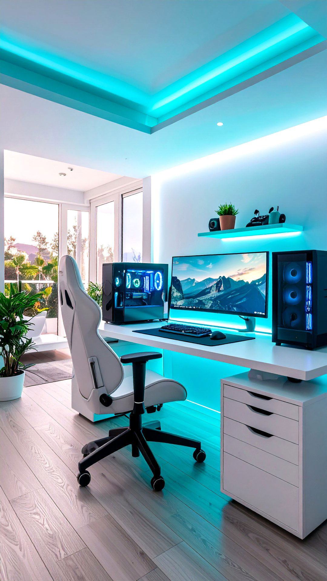 Voice Controlled Lighting in a White Gaming Setup - 25 all white gaming setup ideas