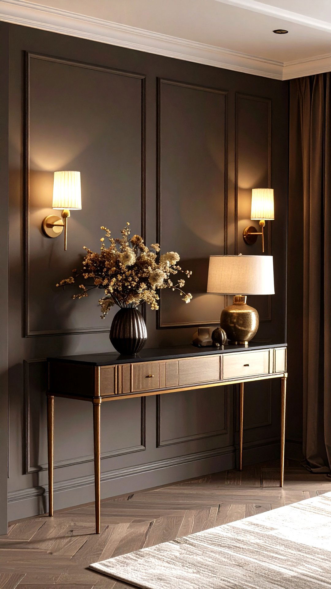 Wall Sconces Shining Above the Console Table - 25 console table decor ideas