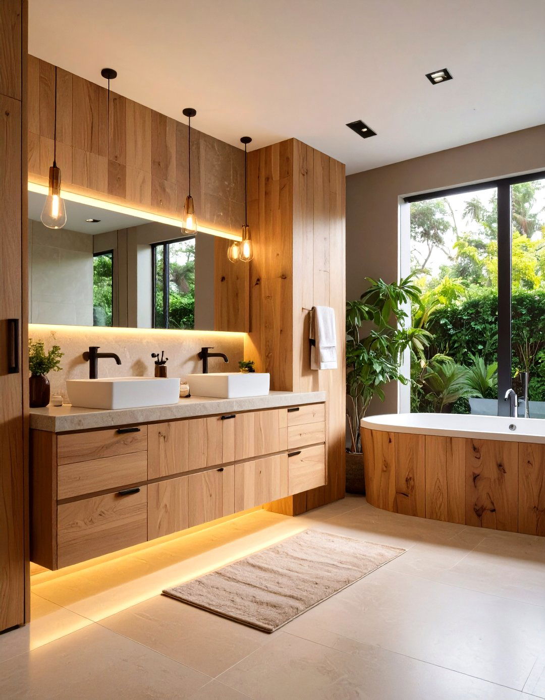 Wall to Wall Custom Oak Wood Bathroom Vanity Maximizes Storage - 25 Wood Bathroom Vanity Ideas
