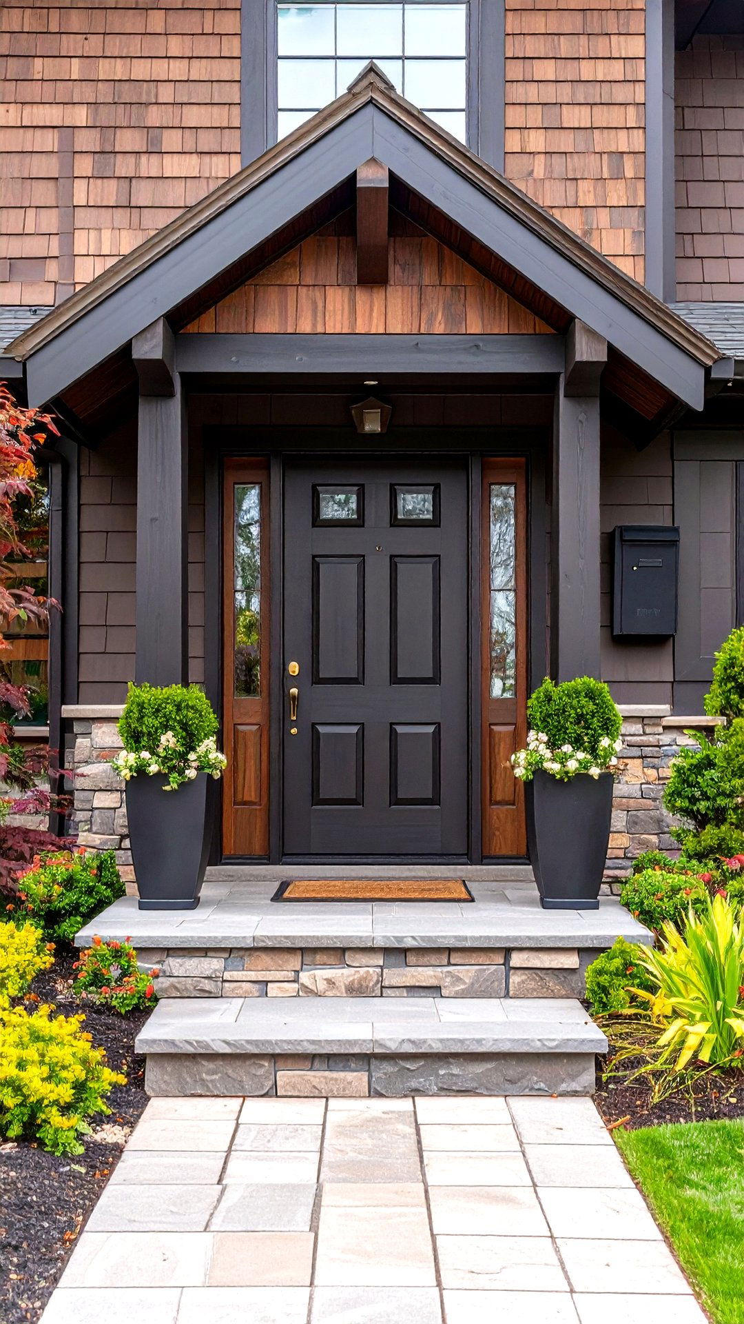 Warm Charcoal Front Door Adds Contemporary Flair to Brown House - 25 brown house front door colors