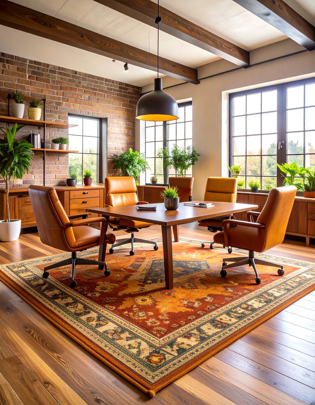 Warm Earth Toned Rug to Ground the Workspace - 25 office rug ideas