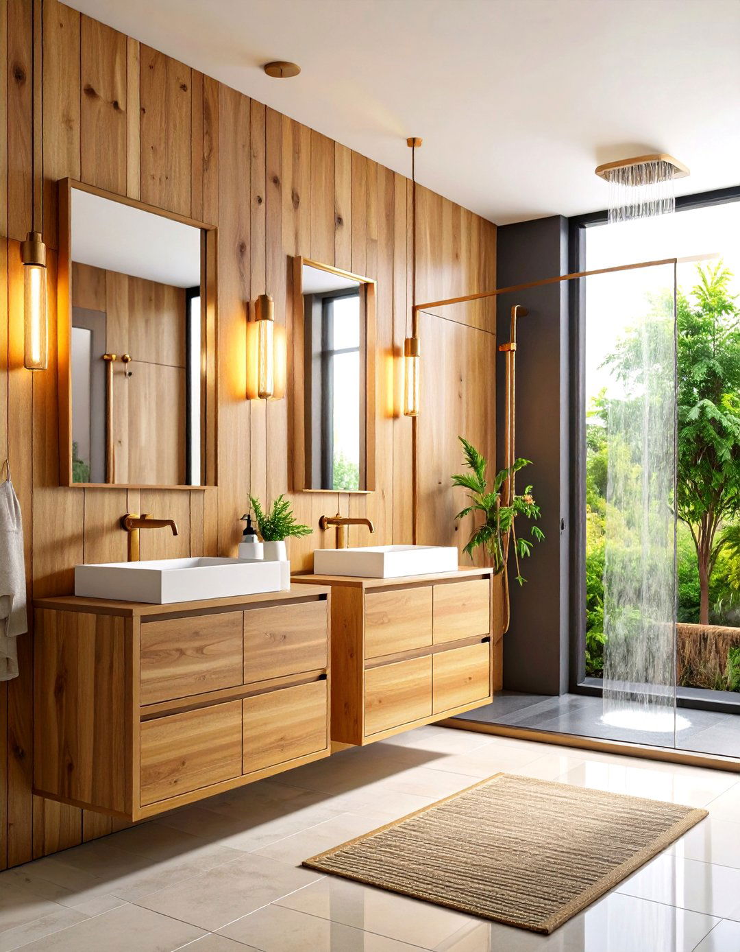 Warm Metallic Accents Glam Up Black and Wood Bathrooms - 25 black and wood bathroom ideas
