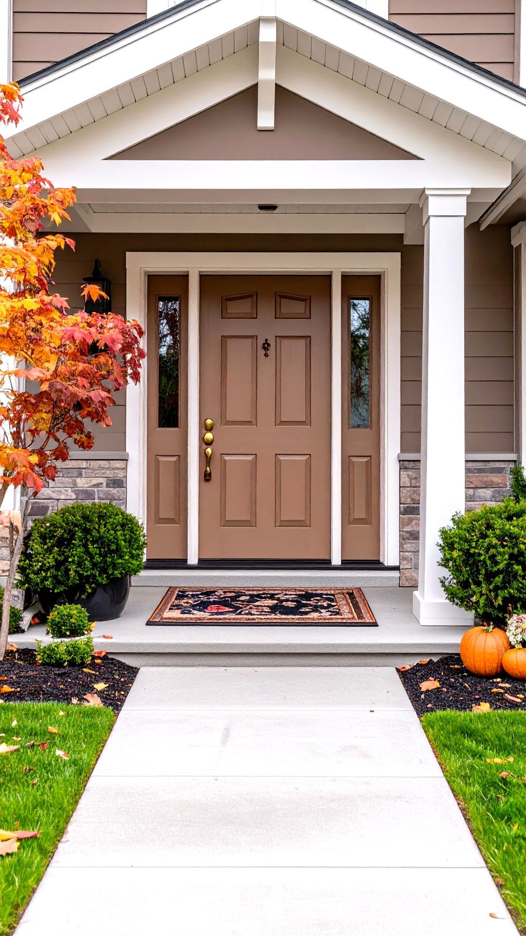 Warm Taupe Front Door Achieves Subtle Depth on Brown House - 25 brown house front door colors